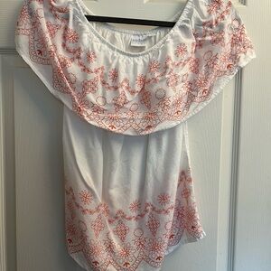 Soho Floral Embroidered Off The Shoulder Blouse in White and Orange Size XS
